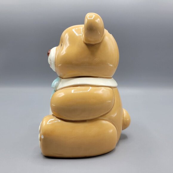 Vintage Lefton Geo Z. Teddy Bear Money Bank Light Brown Blue Bow Ceramic - Picture 8 of 13